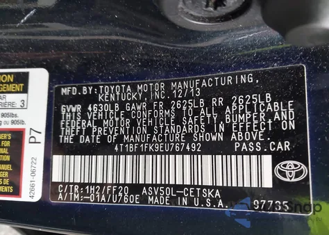 2014 Toyota Camry Se z USA, uszkodzony, nr VIN 4T1BF1FK9EU767492